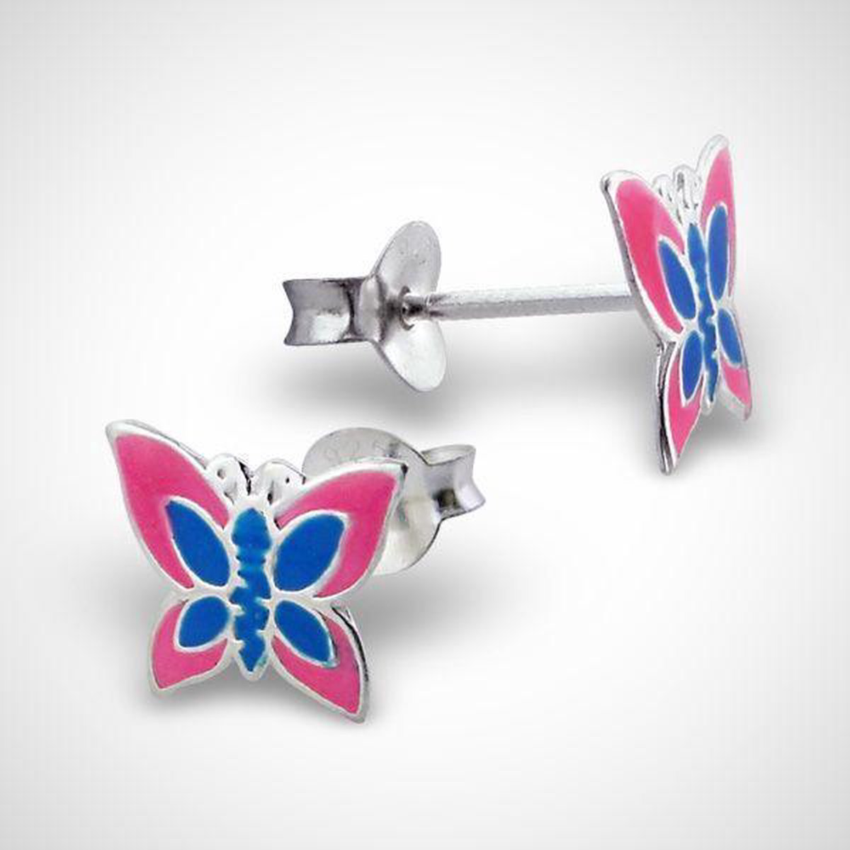 Zilveren oorstekers voor kinderen - vlinder - roze/blauw