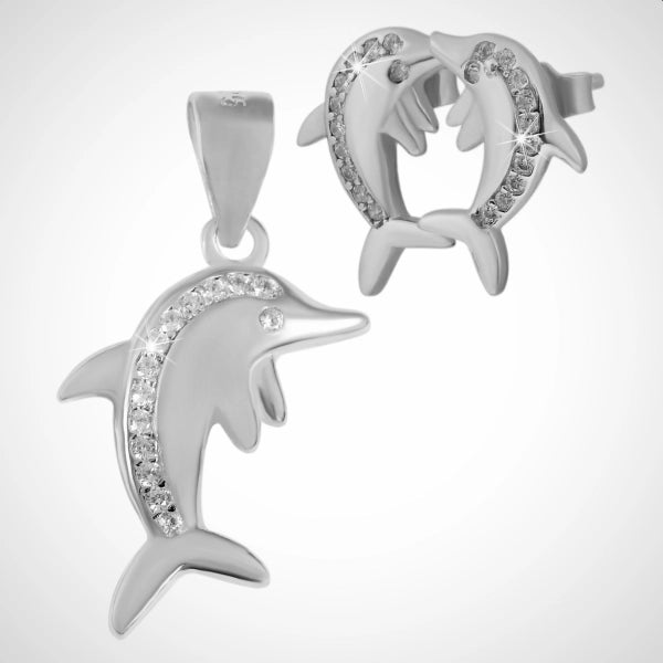 Zilveren sieraden set bestaande uit een hanger, oorstekers dolfijn met zirconia steentjes, gerhodineerd