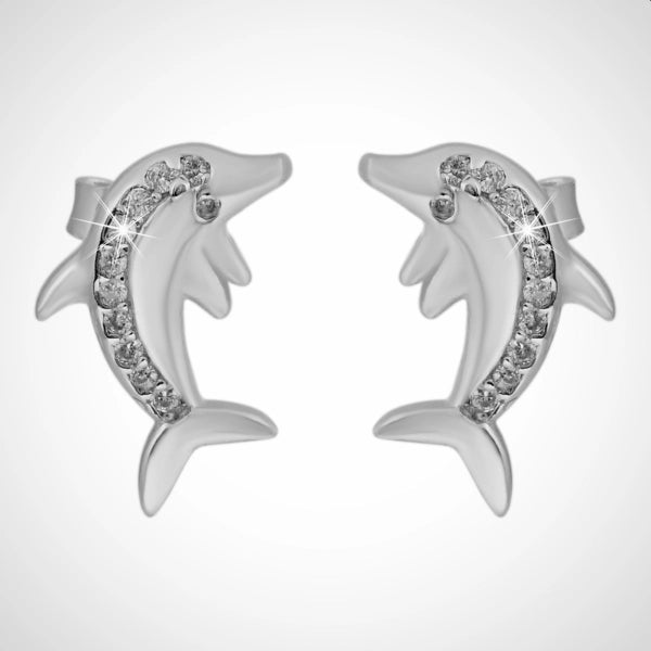 Zilveren sieraden set bestaande uit een hanger, oorstekers dolfijn met zirconia steentjes, gerhodineerd