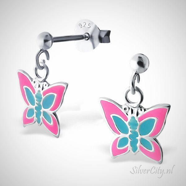 Zilveren oorstekers voor kinderen - vlinder - roze/blauw