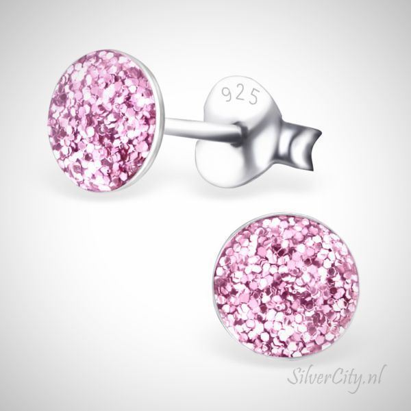 Zilveren kinderoorknopjes - rond - roze