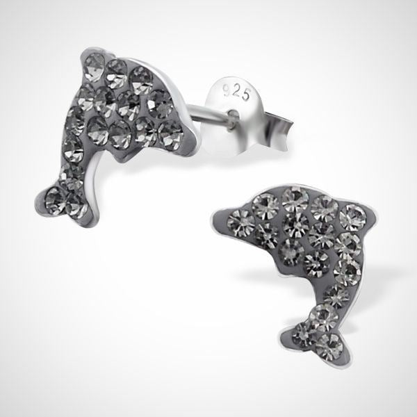 Dolfijn - 925 sterling zilveren oorknoppen met zwarte kristallen