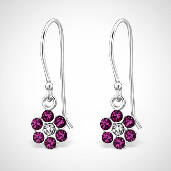 Zilveren kinderoorhangers met bloem - paars