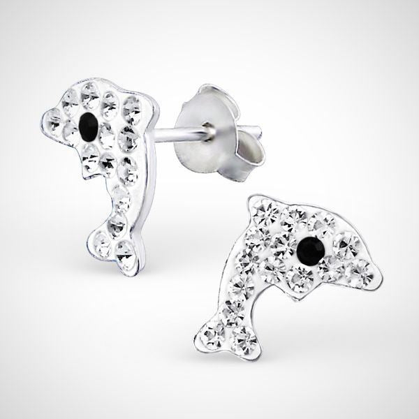 Dolfijn - 925 sterling zilveren oorknoppen met witte kristallen