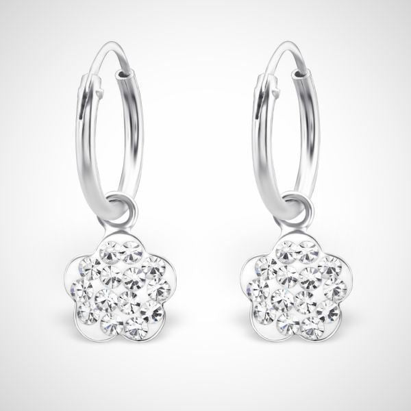 Zilveren kinderoorringen - bloem met transparante steentjes