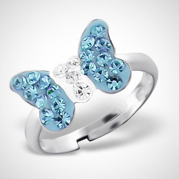 Vlinder - 925 sterling zilveren kinderring - blauwe vlinder