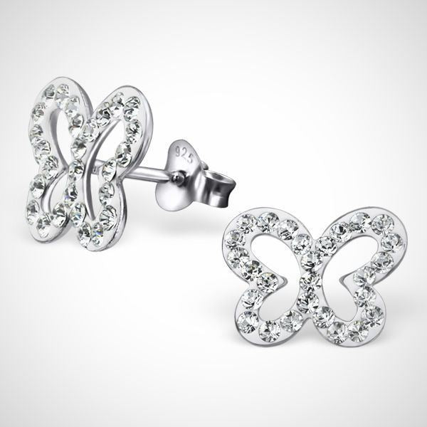 Zilveren kinderoorknoppen - vlinder met Kristal