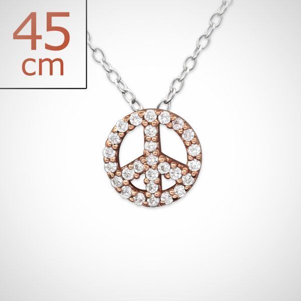 Vrede - 925 sterling zilveren rose gold plated ketting 45 cm met vredesteken