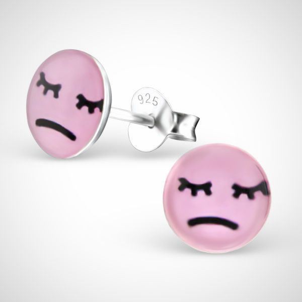Zilveren oorstekers voor kinderen - smiley sad - roze
