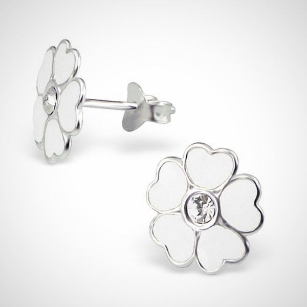 Zilveren kinderoorbellen - oorknoppen - bloem - wit