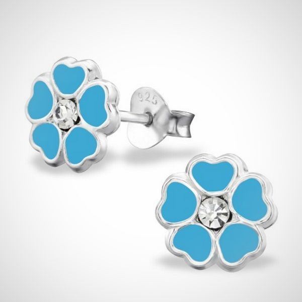 Zilveren kinderoorbellen - oorknoppen - bloem - blauw