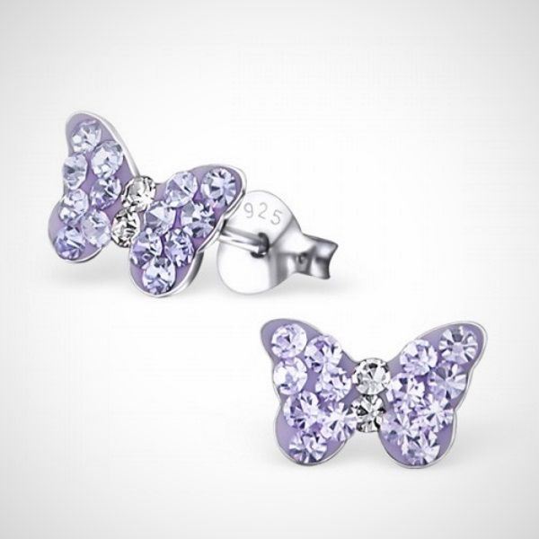 Zilveren kinderoorbellen - vlinder met kristal - paars