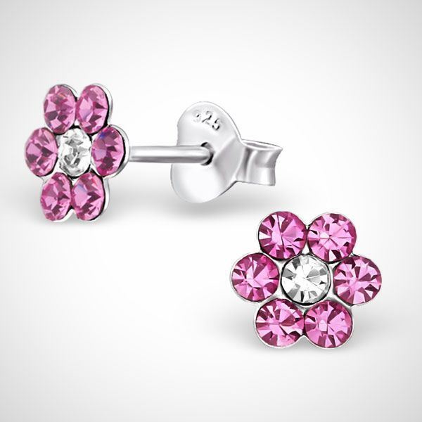 Zilveren kinderoorknoppen - bloem - roze