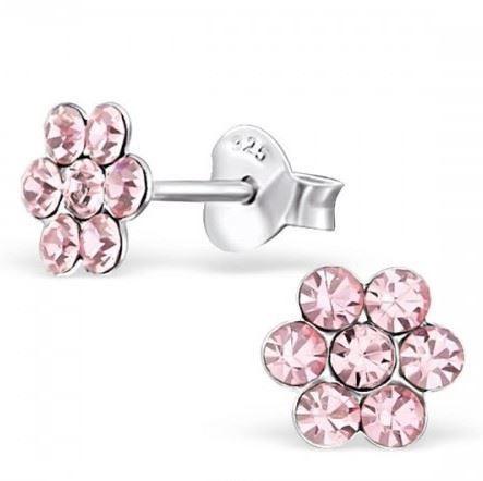 Zilveren kinderoorknoppen - bloem - kristal /roze