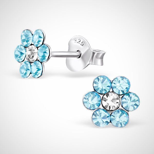 Zilveren kinderoorknoppen - bloem - kristal/blauw