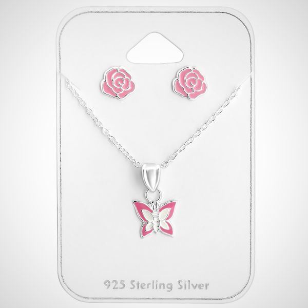 zilveren sieraden set - ketting met vlinder hanger en oorknoppen