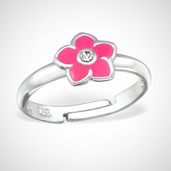 Zilveren kinderring met roze bloem
