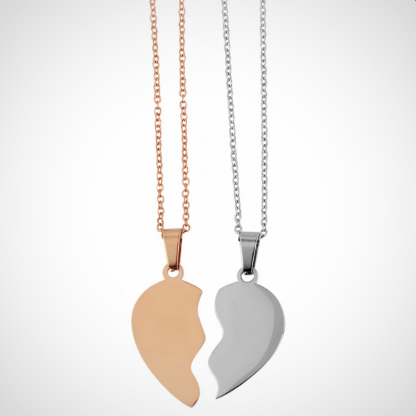 Partnerkettingen van roestvrij staal, hartjes hangers, zilverkleurig, rosé goudkleurig