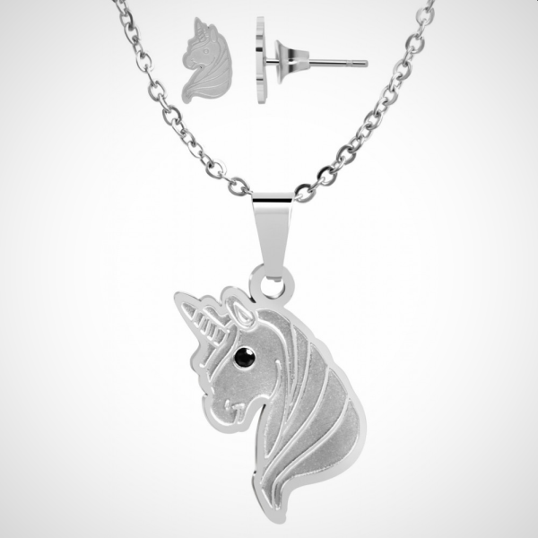 Sieradenset van roestvrij staal, ketting en oorknopjes, eenhoorn, zilverkleurig