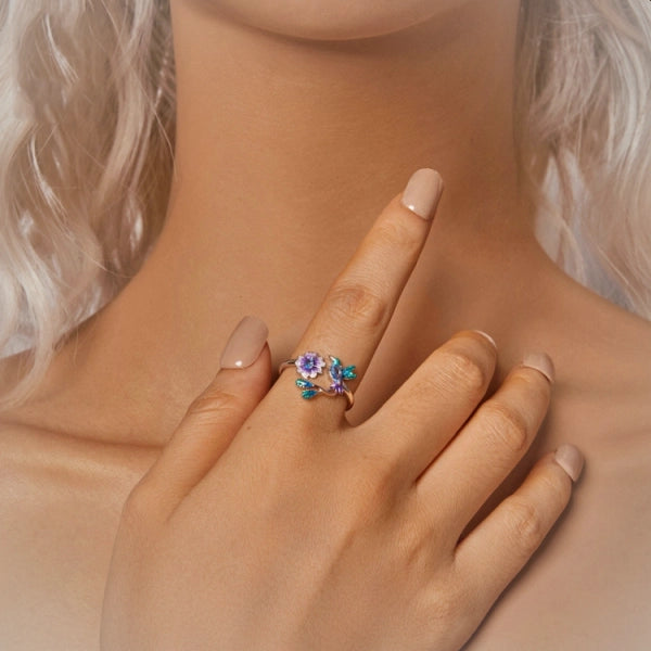 Zilveren ring - damesring - ring met steen - vogelring - bloem - verstelbare ring voor vrouwen