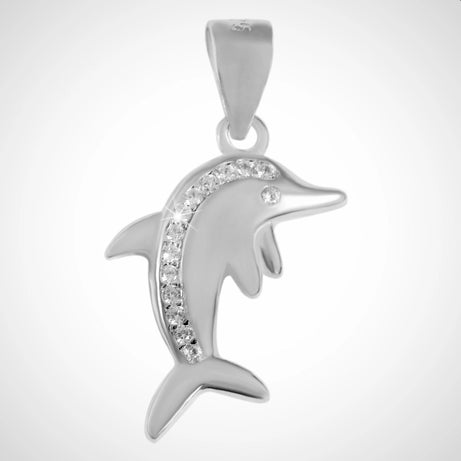 Zilveren sieraden set bestaande uit een hanger, oorstekers dolfijn met zirconia steentjes, gerhodineerd
