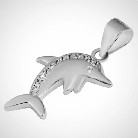 Zilveren sieraden set bestaande uit een hanger, oorstekers dolfijn met zirconia steentjes, gerhodineerd