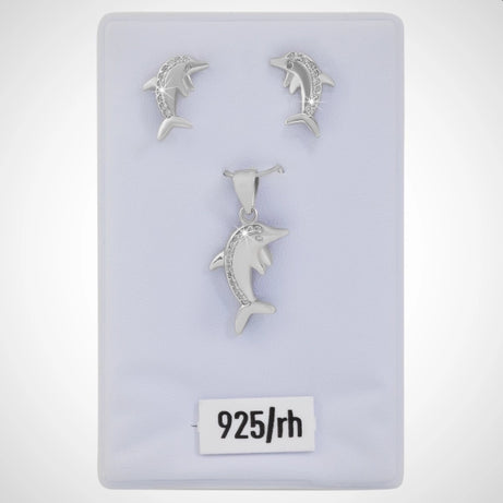 Zilveren sieraden set bestaande uit een hanger, oorstekers dolfijn met zirconia steentjes, gerhodineerd