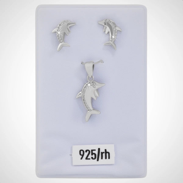 Zilveren sieraden set bestaande uit een hanger, oorstekers dolfijn met zirconia steentjes, gerhodineerd