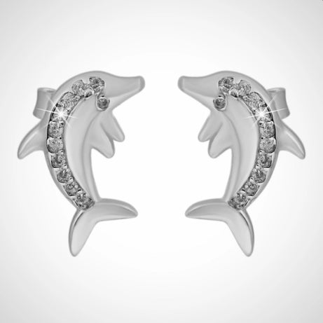 Zilveren sieraden set bestaande uit een hanger, oorstekers dolfijn met zirconia steentjes, gerhodineerd