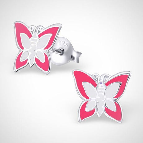Zilveren oorstekers voor kinderen - vlinder - roze-wit