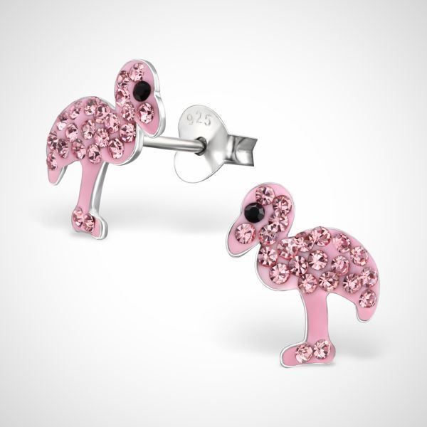Zilveren kinderoorbellen - oorknoppen - flamingo - rose