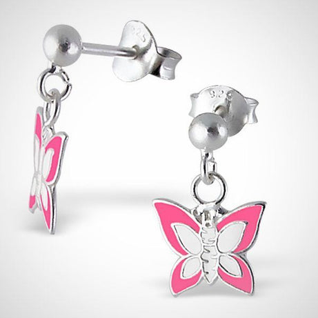 zilveren oorstekers - vlinder -  roze/ wit