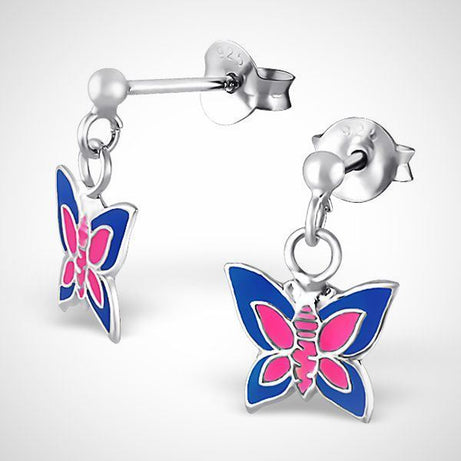 zilveren oorstekers - vlinder -  roze/ blauw